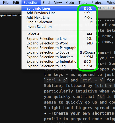 shortcuts in the menu